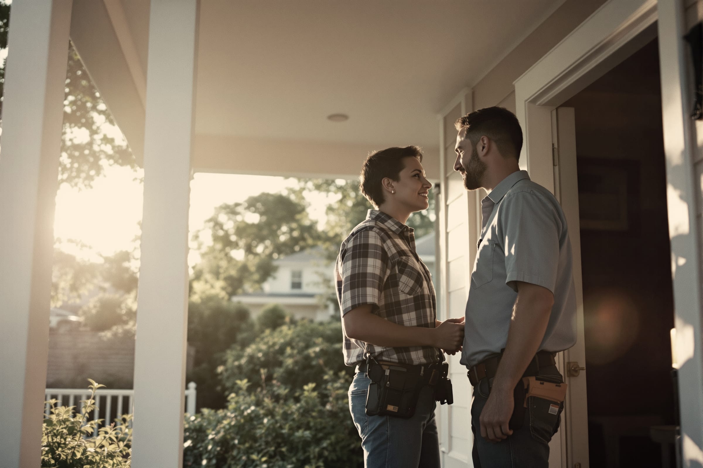 A contractor and a homeowner talking at a front door in the late afternoon