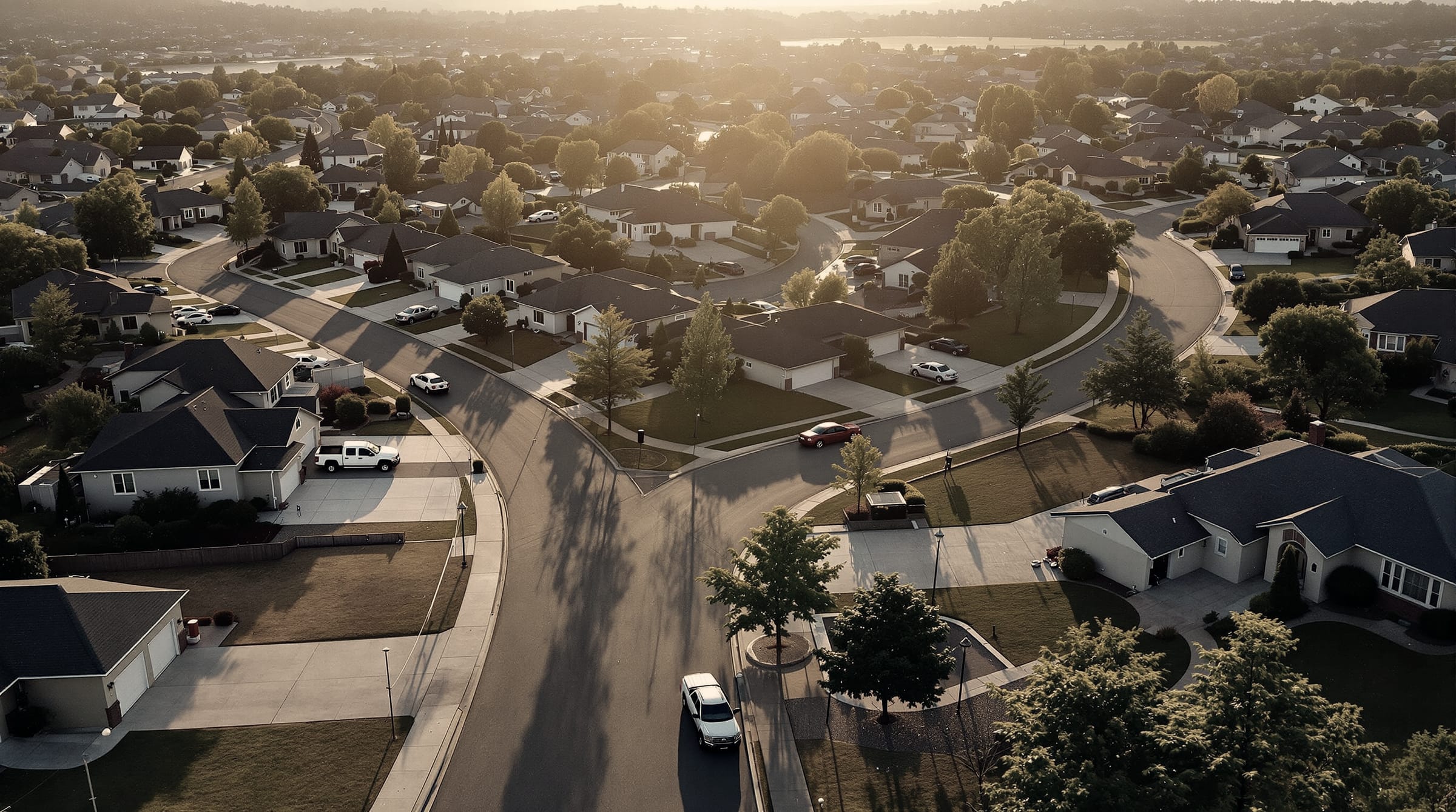 An elevated view over an American residential neighborhood at golden hour