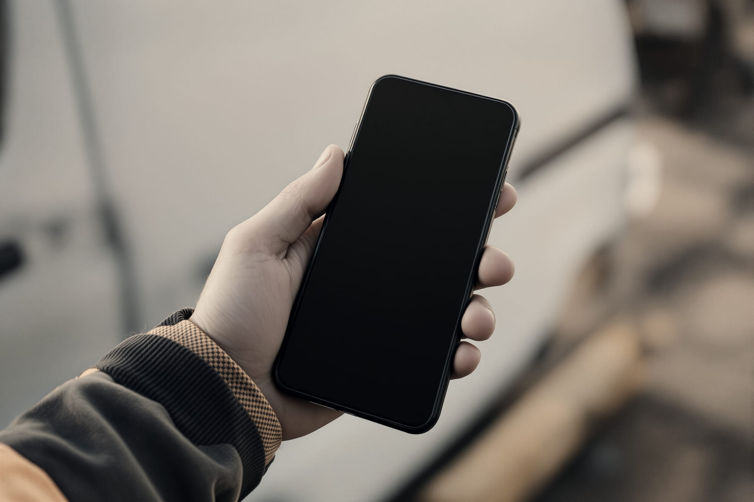 A pair of work worn hands holding a phone, a work van blurred behind