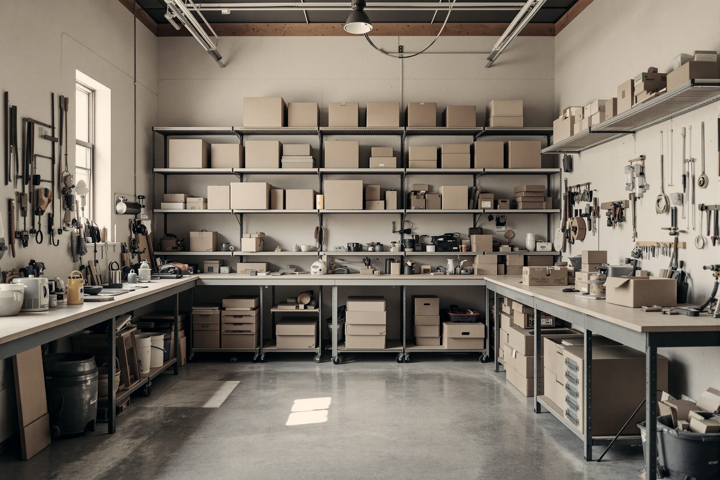 A contractor workshop with organized shelving in natural window light