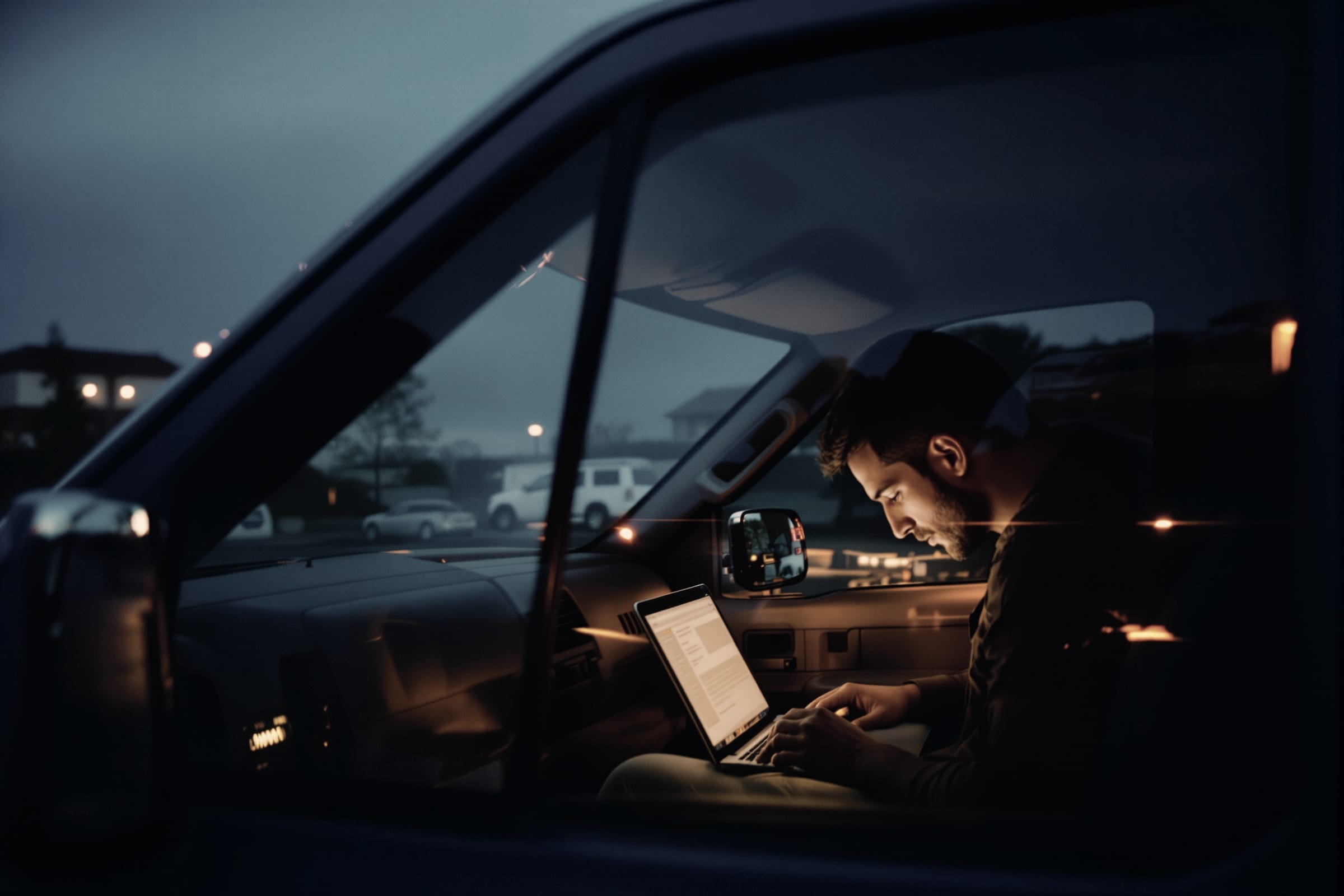 A contractor working on a laptop in a truck cab in the evening