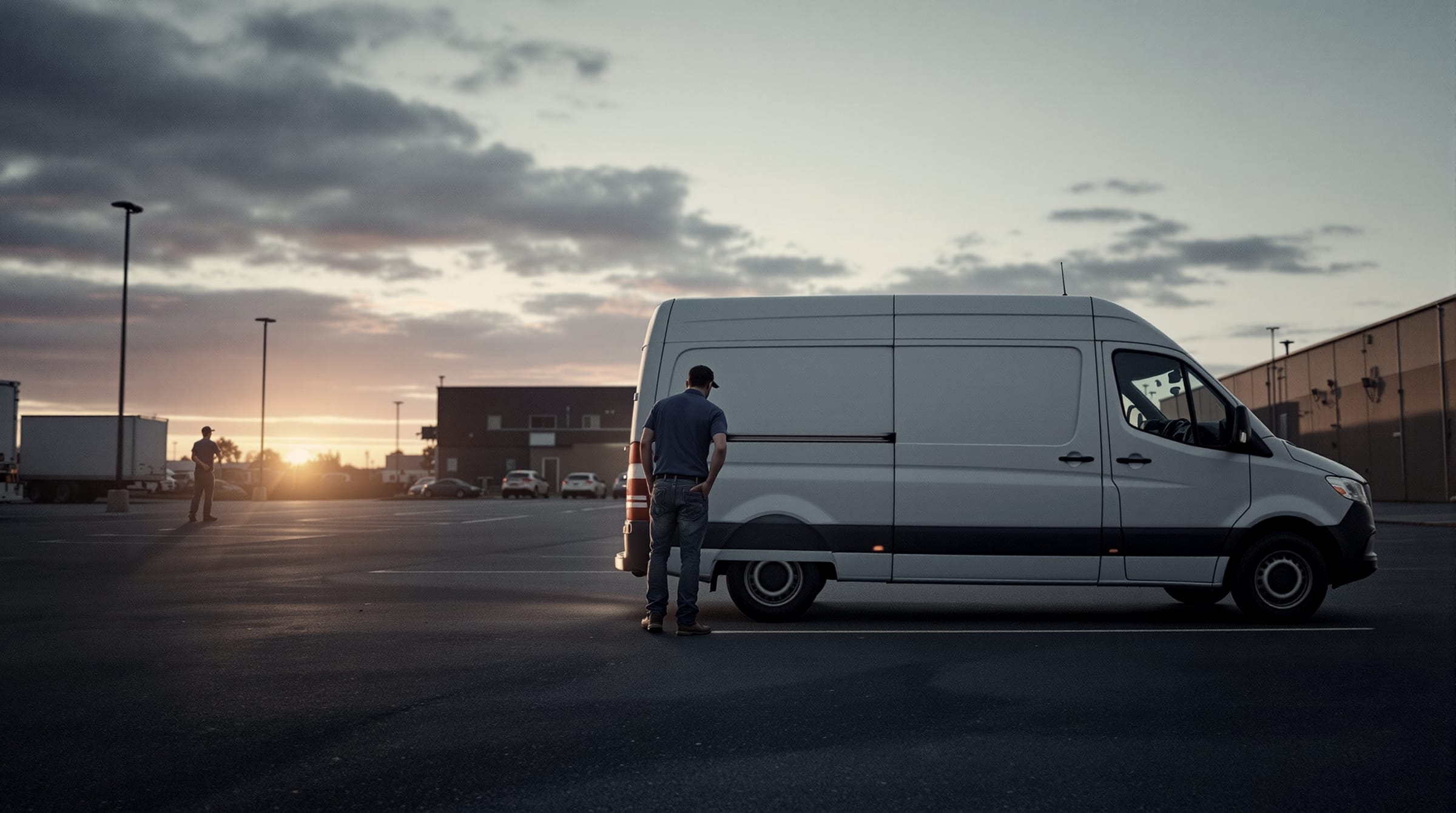 Two contractors loading a work van at dawn, seen from a distance